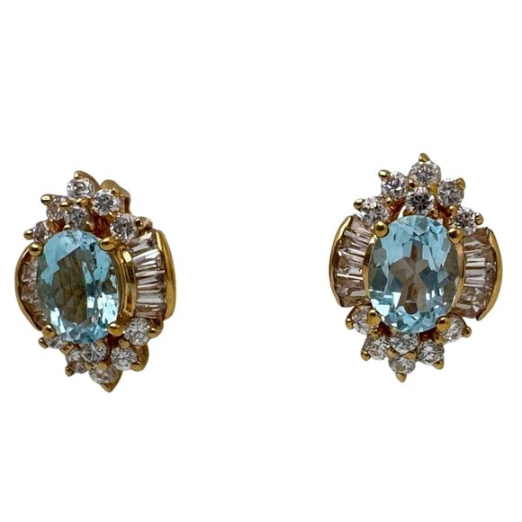 Blue Topaz CZ Earrings Clip Gold Tone December Birthstone December Birthstone - Picture 4 of 5